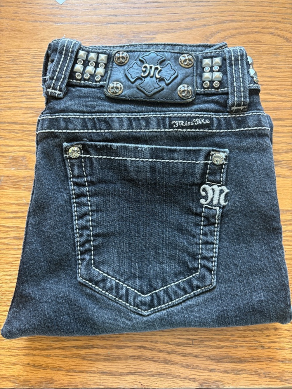 Miss Me Black Washed Denim Jeans with Embroidered Pocket & Stud Accents 29x30